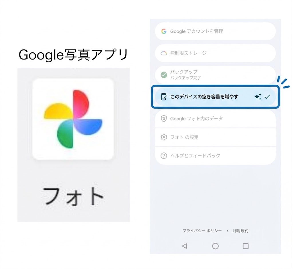 Googleフォトの空き容量を増やす画面