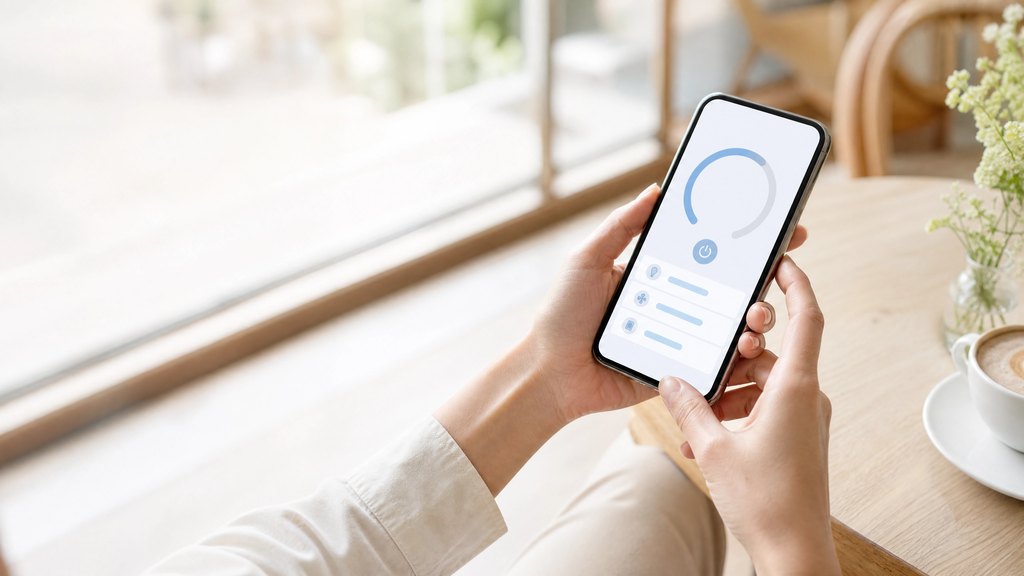 外出先からスマホでペット家電の様子を確認するイメージ