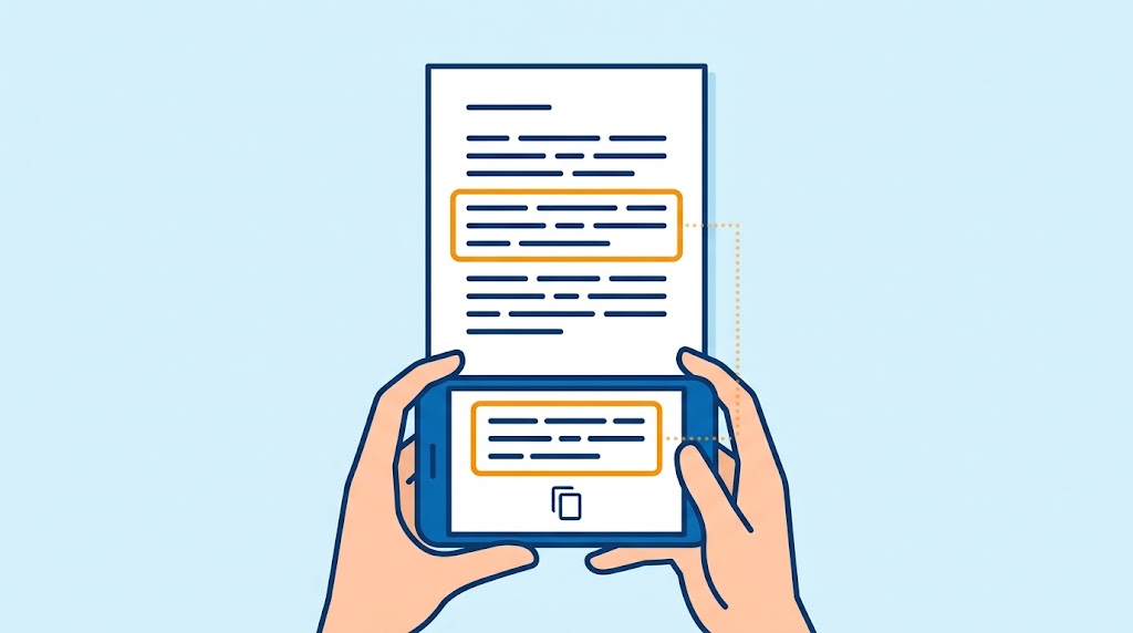 紙に書かれた文字をスマートフォンで読み取ってコピーするイメージ