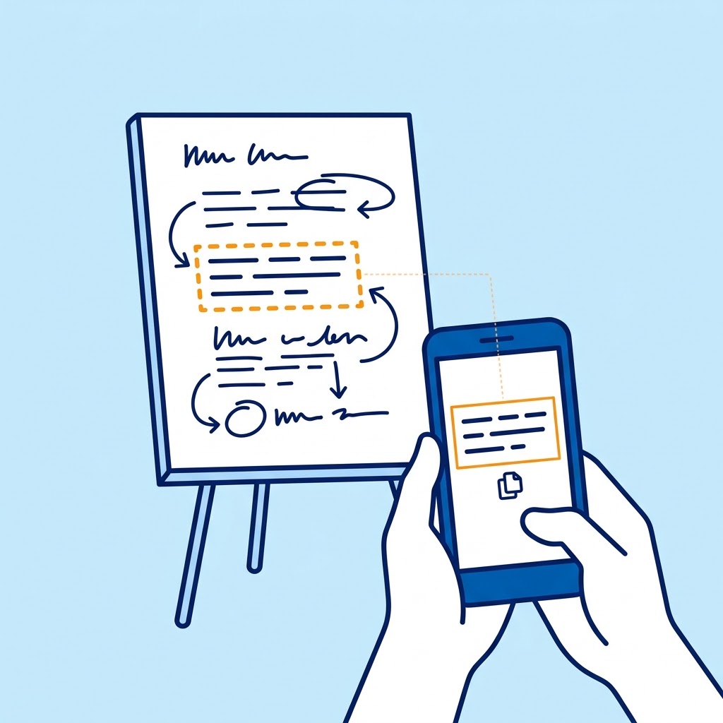 ホワイトボードのメモをスマホで読み取るイメージ
