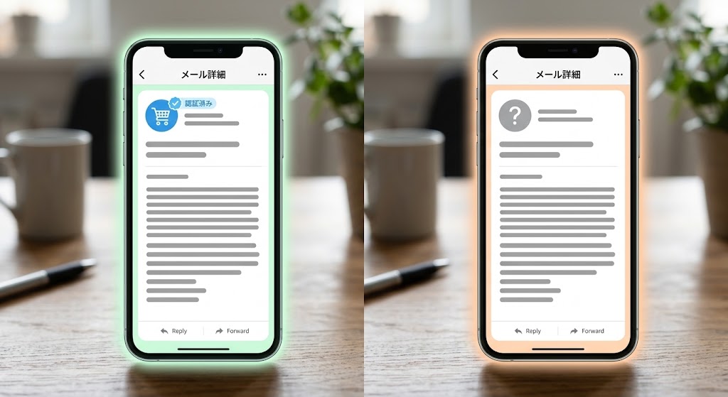 マークがあるメールとマークがないメールの見え方の比較