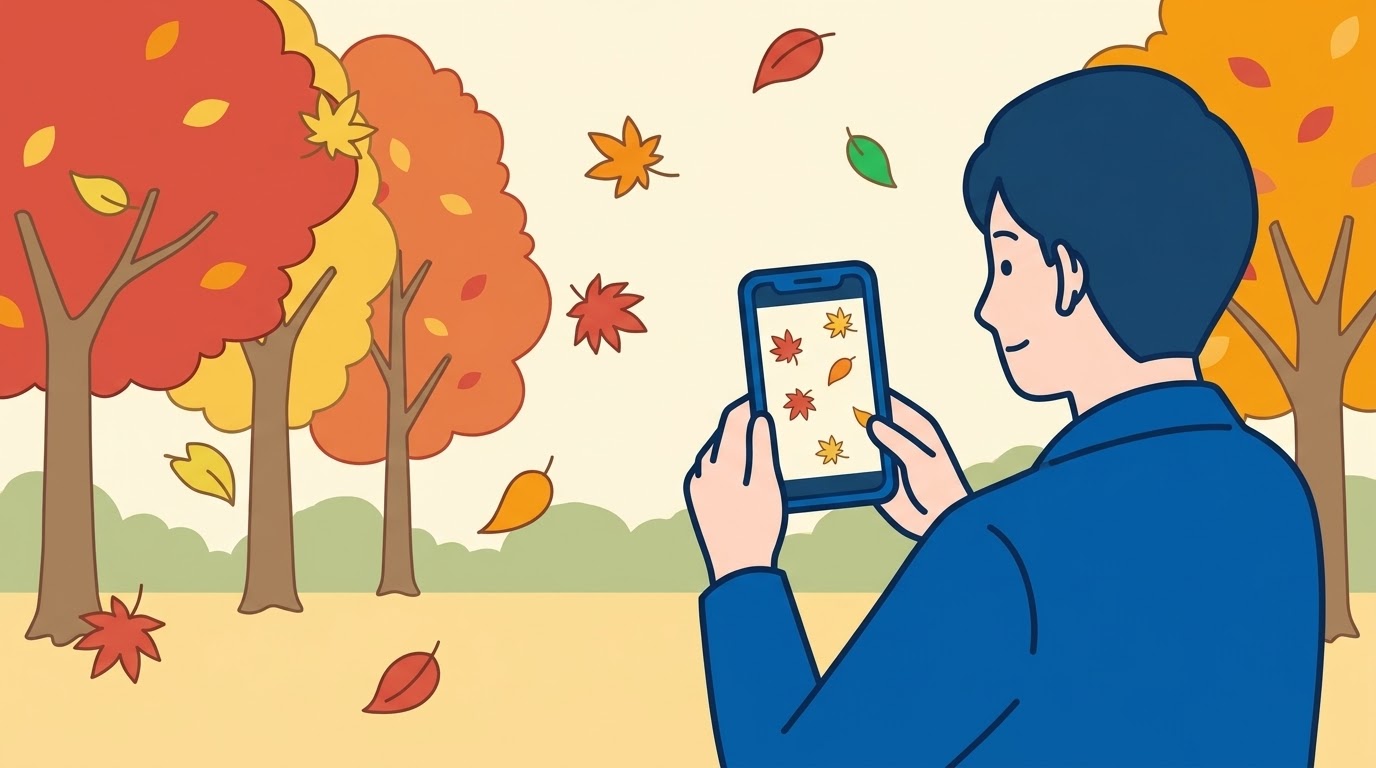 舞い散る紅葉の葉を、両手でスマホを持って連写している人のイラスト