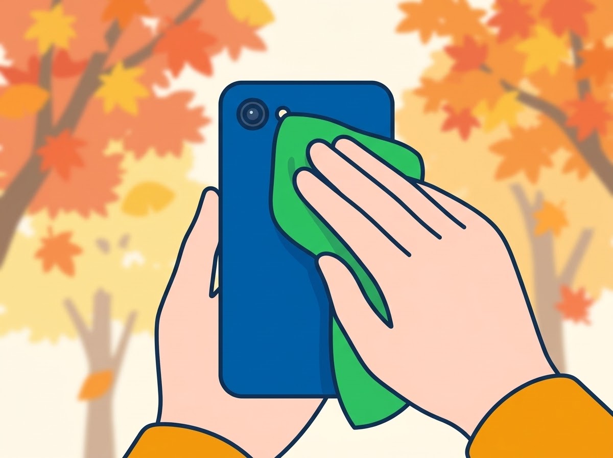 柔らかい布でスマホのカメラのレンズを拭いている手元のイラスト