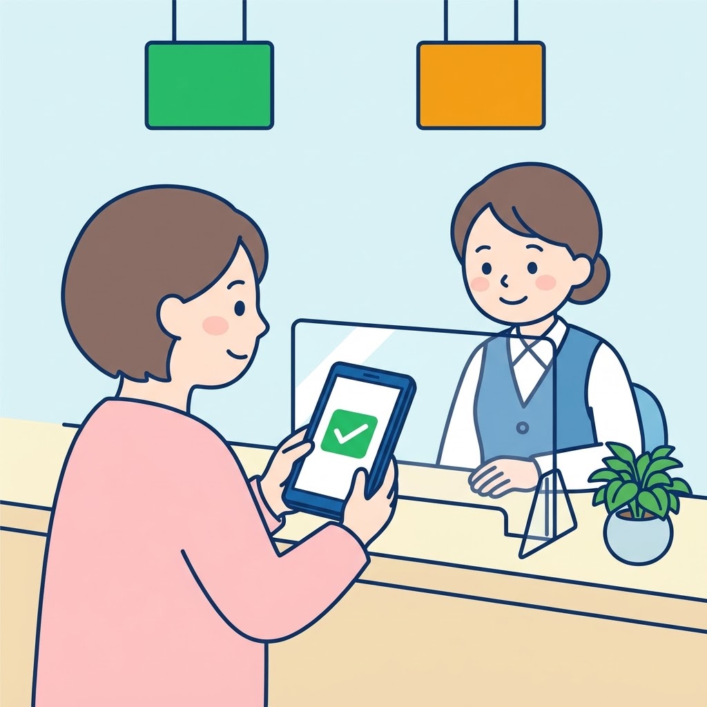 役所の窓口で、住民が両手でスマホを持ち、画面を職員に見せているイラスト