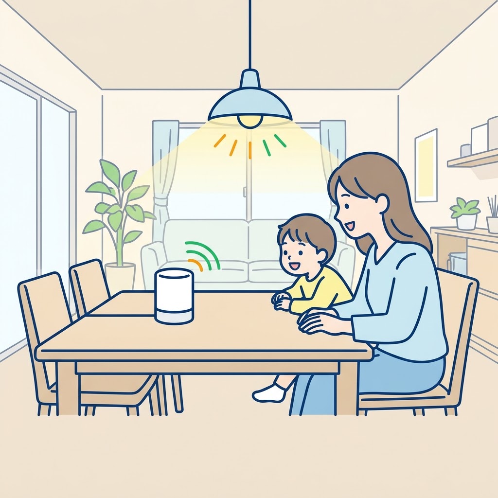 リビングで、家族がスピーカーに話しかけて照明をつけているイラスト