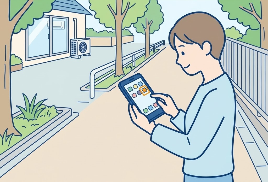 外出先でスマホを両手で持ち、家のエアコンを操作している人のイラスト